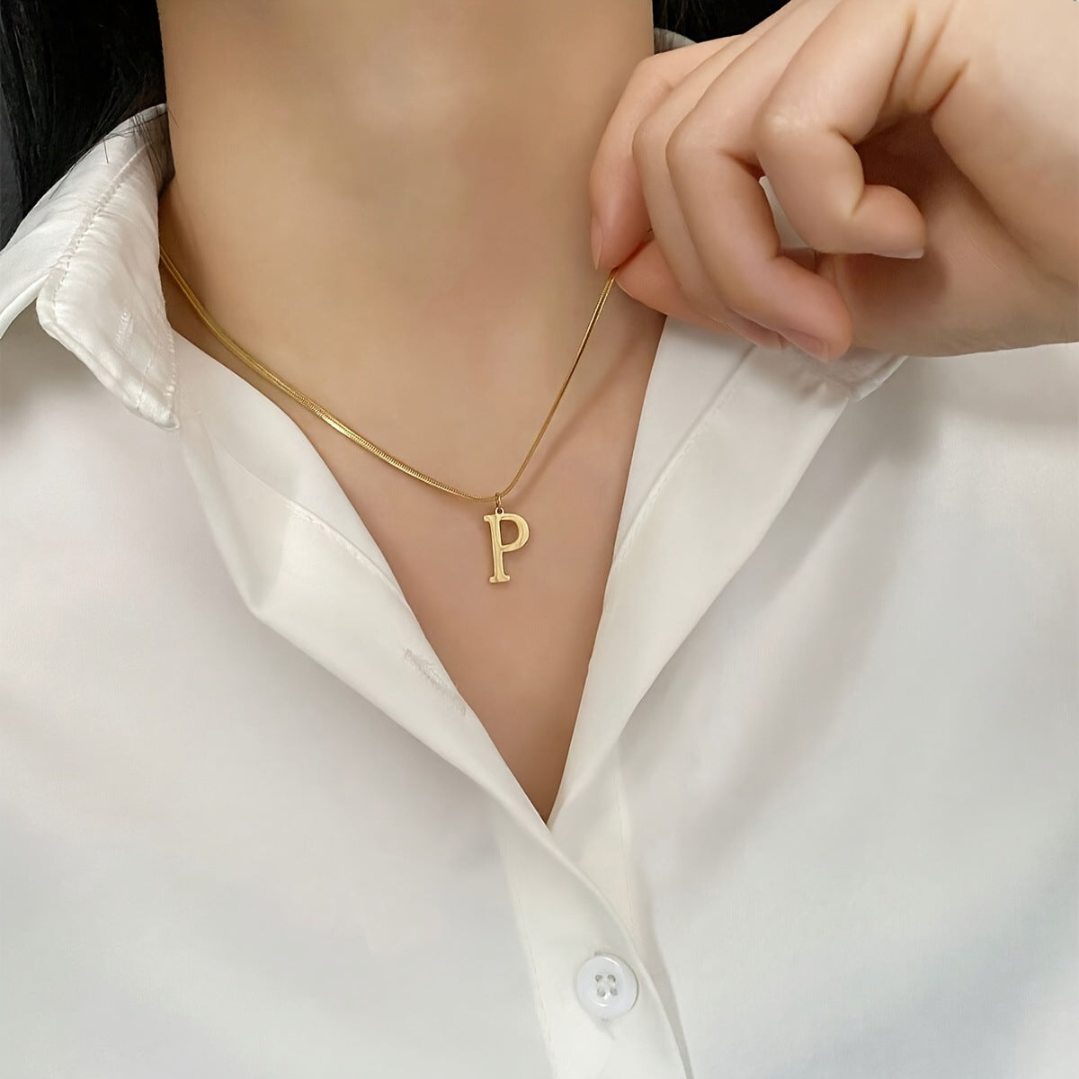 Script Initial Letter Herringbone  Chain Necklace