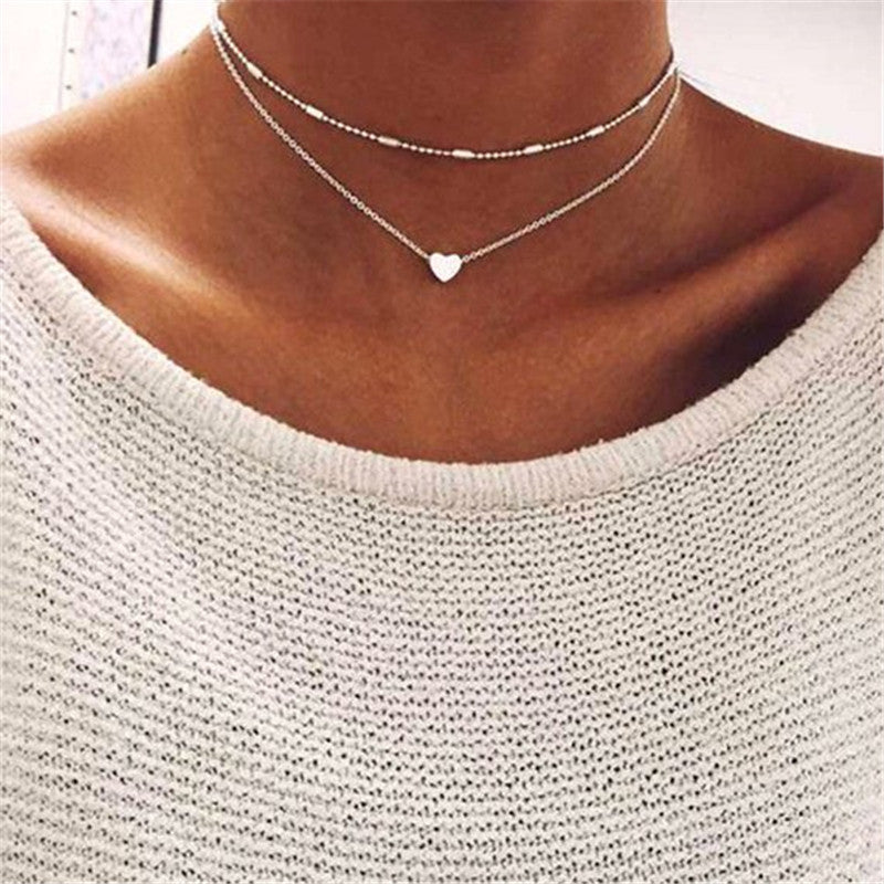 Heart  Chain and Satellite Layering Choker Necklace