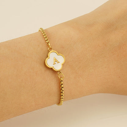 Clover Initial Letter Mother of Pearl Box Chain Bracelet