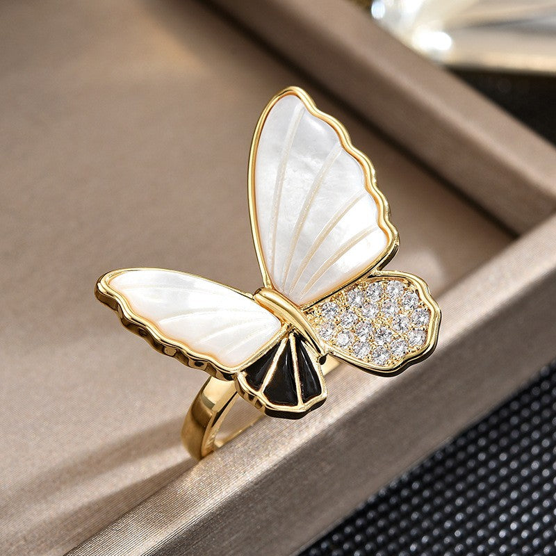 Mother of Pearl Black Butterfly Open Ring