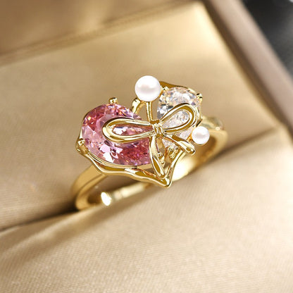 Heart Ribbon Pearl Open Ring