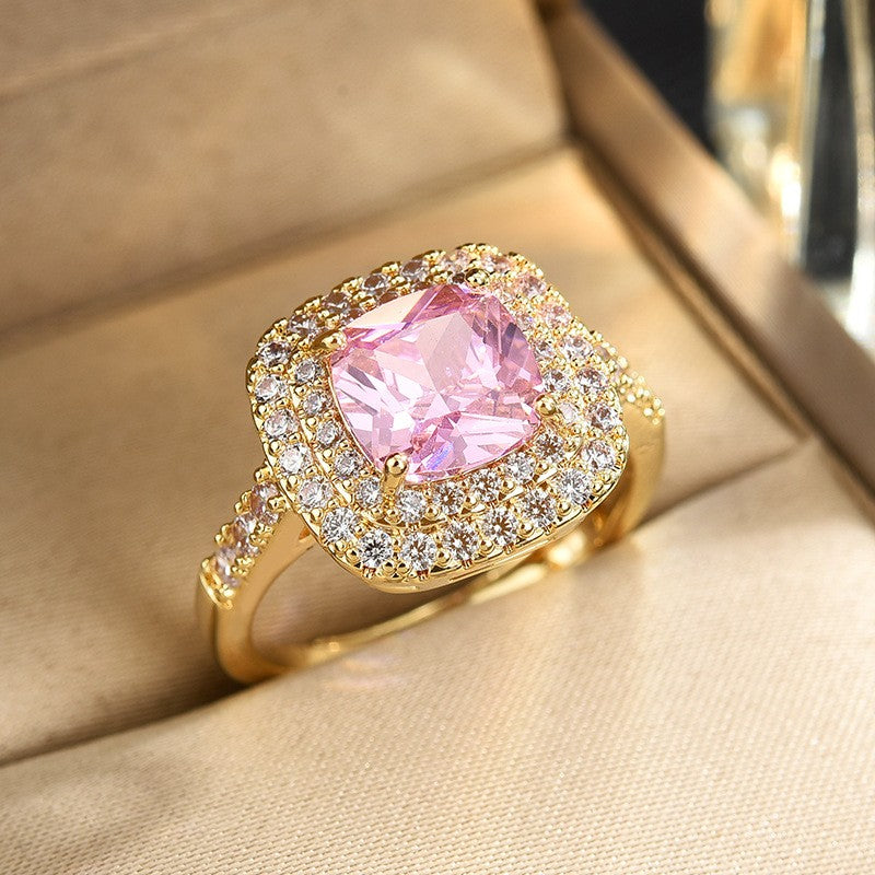 Square Pink Oval Zircon Open Ring