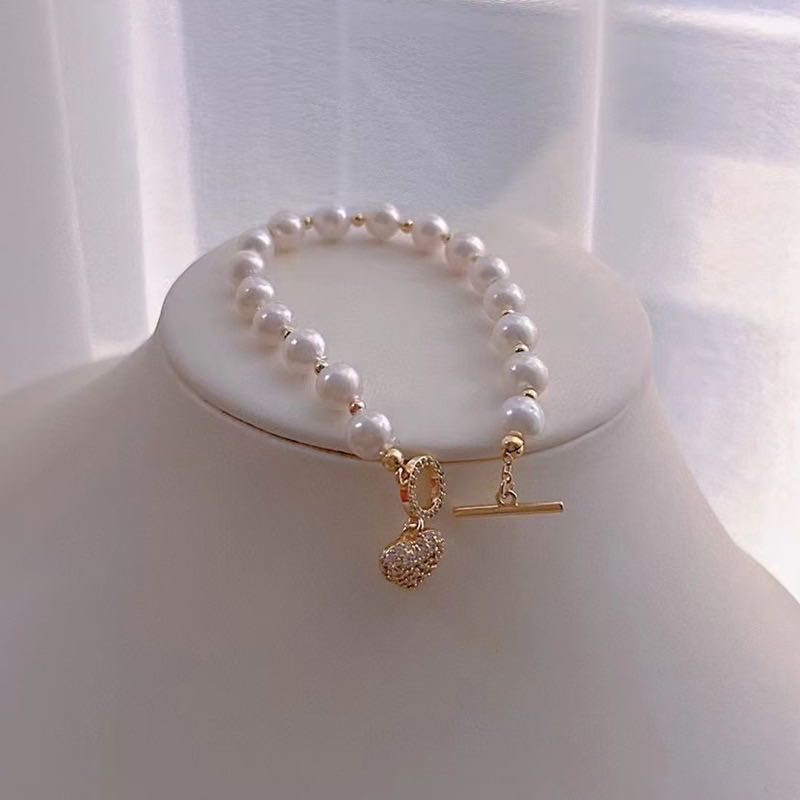 Classic Freshwater Pearl Ball Pave Heart Bracelet