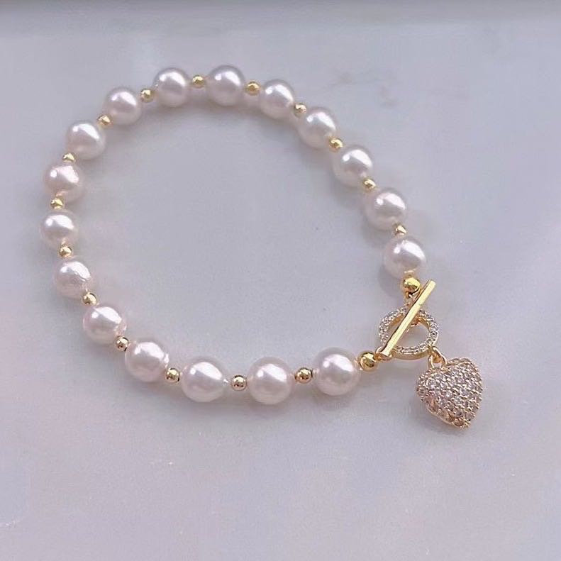 Classic Freshwater Pearl Ball Pave Heart Bracelet