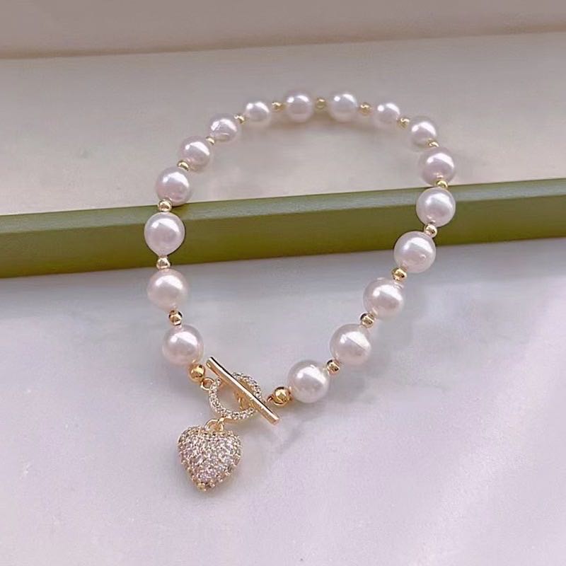 Classic Freshwater Pearl Ball Pave Heart Bracelet