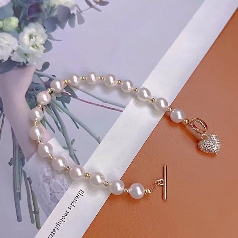 Classic Freshwater Pearl Ball Pave Heart Bracelet