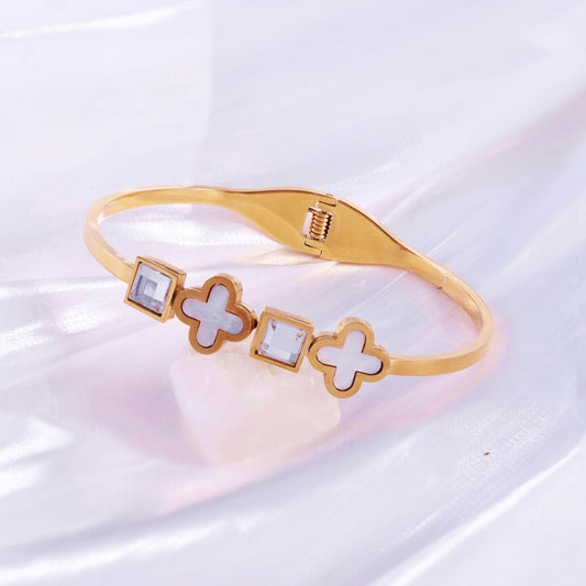 Mother of Pearl Clover  Square Bangle Bracelet