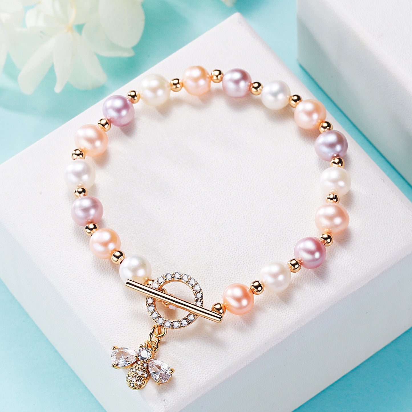 Multicolor Freshwater Pearl Satellite Work Hard Pave Bee Bracelet