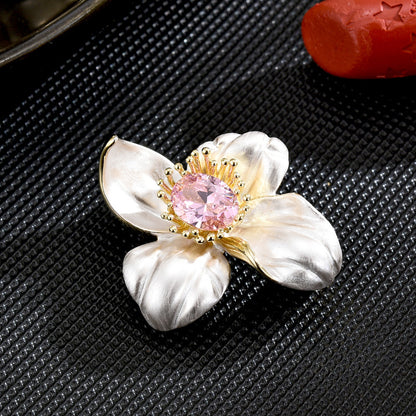 Pink Crystal Four-leaf Flower Brooch