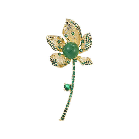 Natural Green Jadeite Lotus Brooch