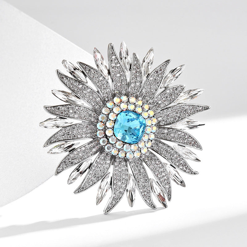 Full Zircon Ice Blue Crystal Sunflower Brooch