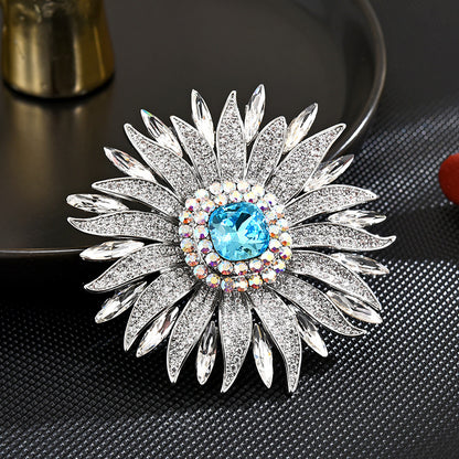 Full Zircon Ice Blue Crystal Sunflower Brooch