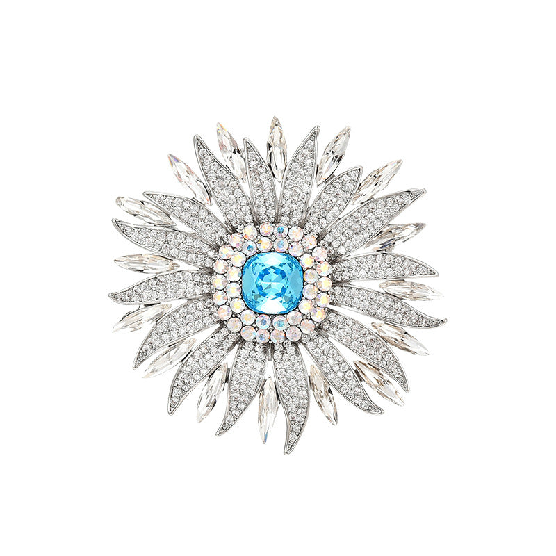 Full Zircon Ice Blue Crystal Sunflower Brooch