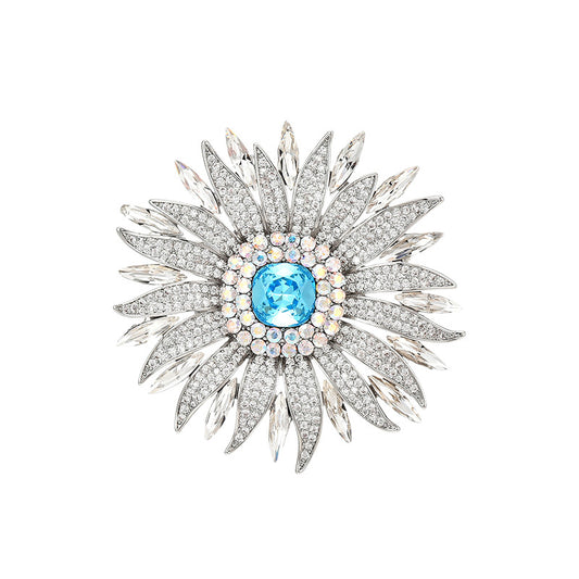 Full Zircon Ice Blue Crystal Sunflower Brooch