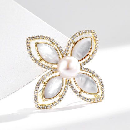 Mother-of-pearl Four-leaf Clover Freshwater Pearl Brooch