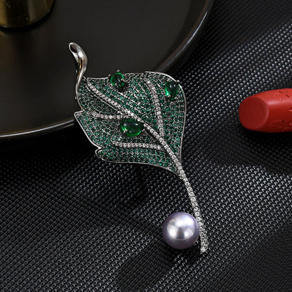 Freshwater Pearl Green Zircon Leaf Brooch