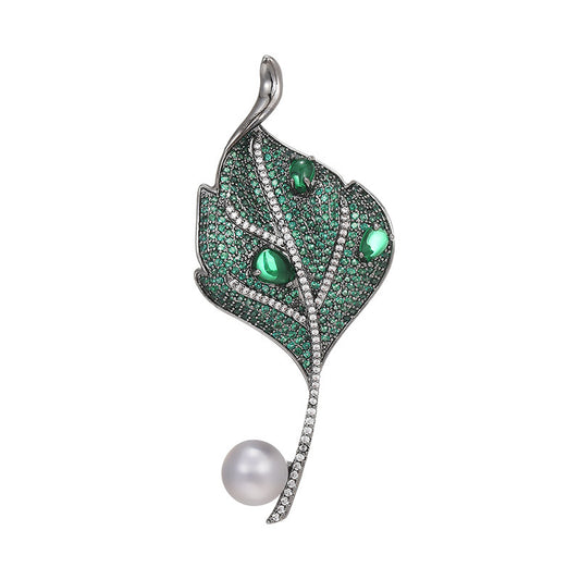 Freshwater Pearl Green Zircon Leaf Brooch