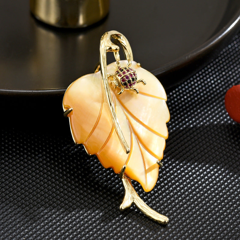 Mother-of-pearl Gold Leaf Ladybug Brooch