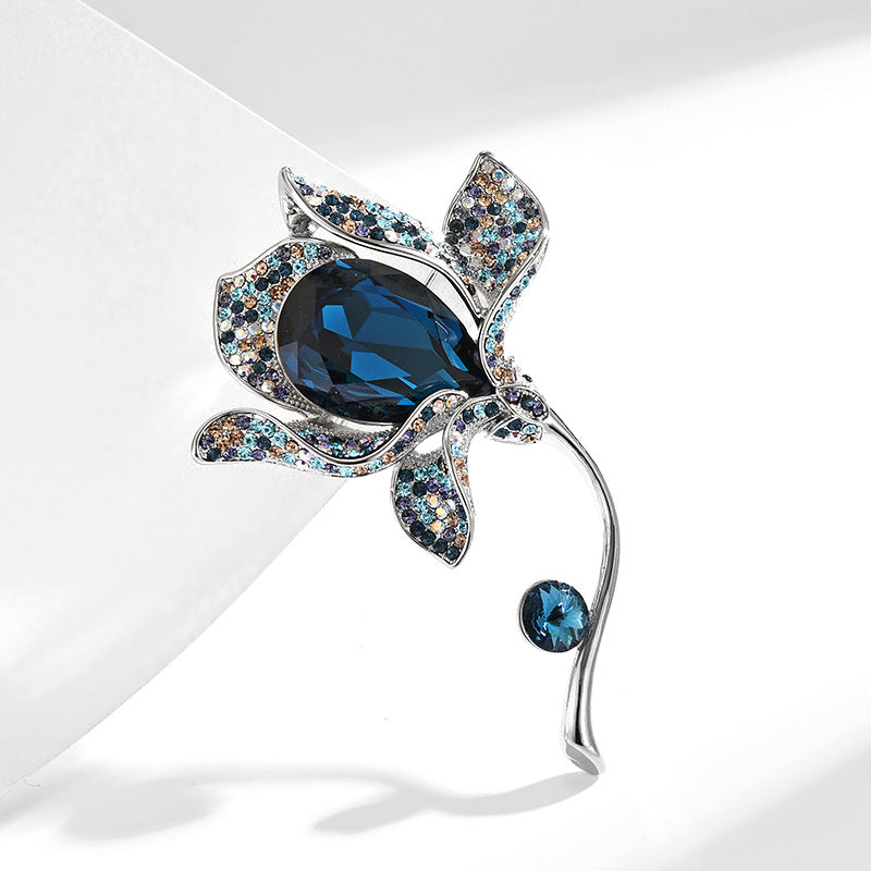 Blue Crystal Bauhinia Shape Retro Brooch