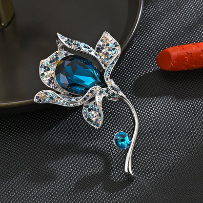 Blue Crystal Bauhinia Shape Retro Brooch