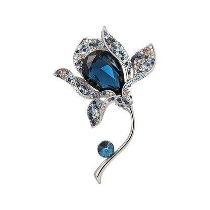 Blue Crystal Bauhinia Shape Retro Brooch