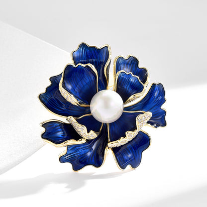 Classic Blue Peony Flower Pearl Brooch