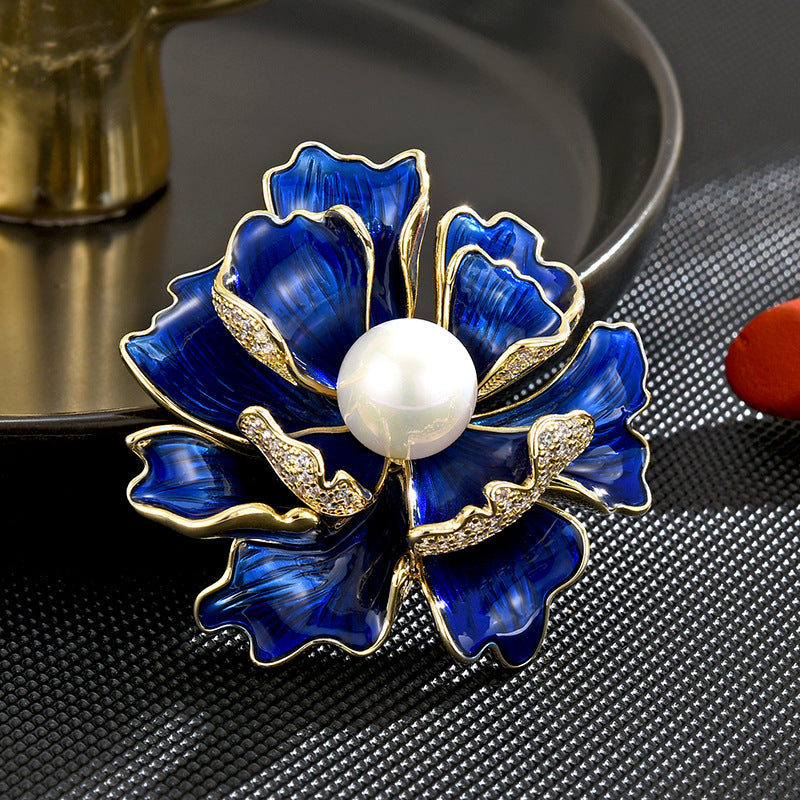 Classic Blue Peony Flower Pearl Brooch