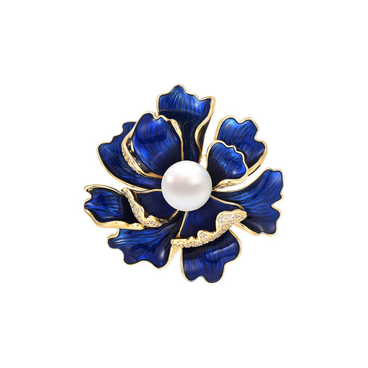 Classic Blue Peony Flower Pearl Brooch