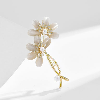 Zircon Moonstone Pearl Flower Brooch