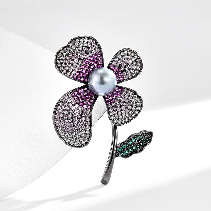 Clover Purple Zircon Black Pearl Brooch