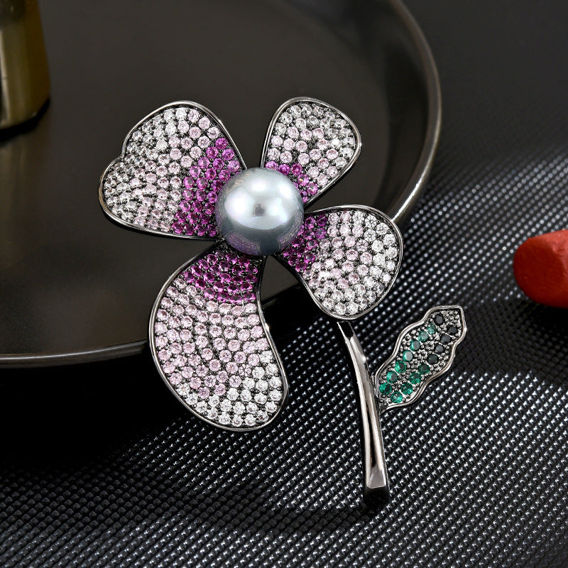 Clover Purple Zircon Black Pearl Brooch