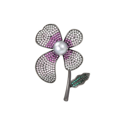 Clover Purple Zircon Black Pearl Brooch