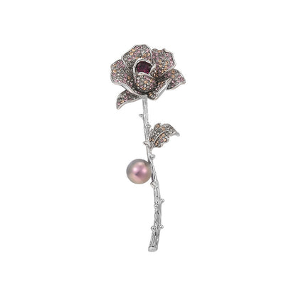 Rose Freshwater Pearl Ruby Brooch