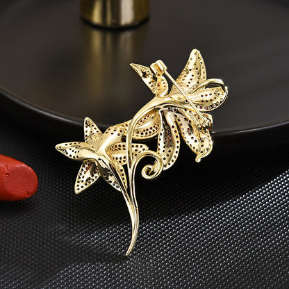 Pink Zircon Gold Trumpet Flower Brooch