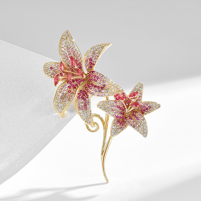 Pink Zircon Gold Trumpet Flower Brooch