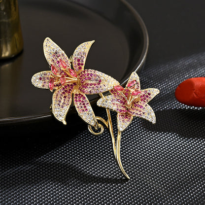 Pink Zircon Gold Trumpet Flower Brooch