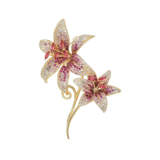 Pink Zircon Gold Trumpet Flower Brooch