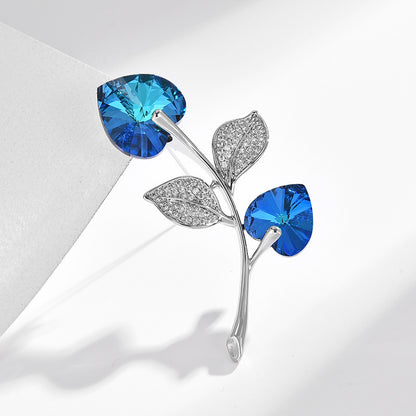 Blue Crystal Double Heart Brooch