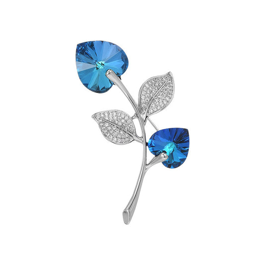 Blue Crystal Double Heart Brooch