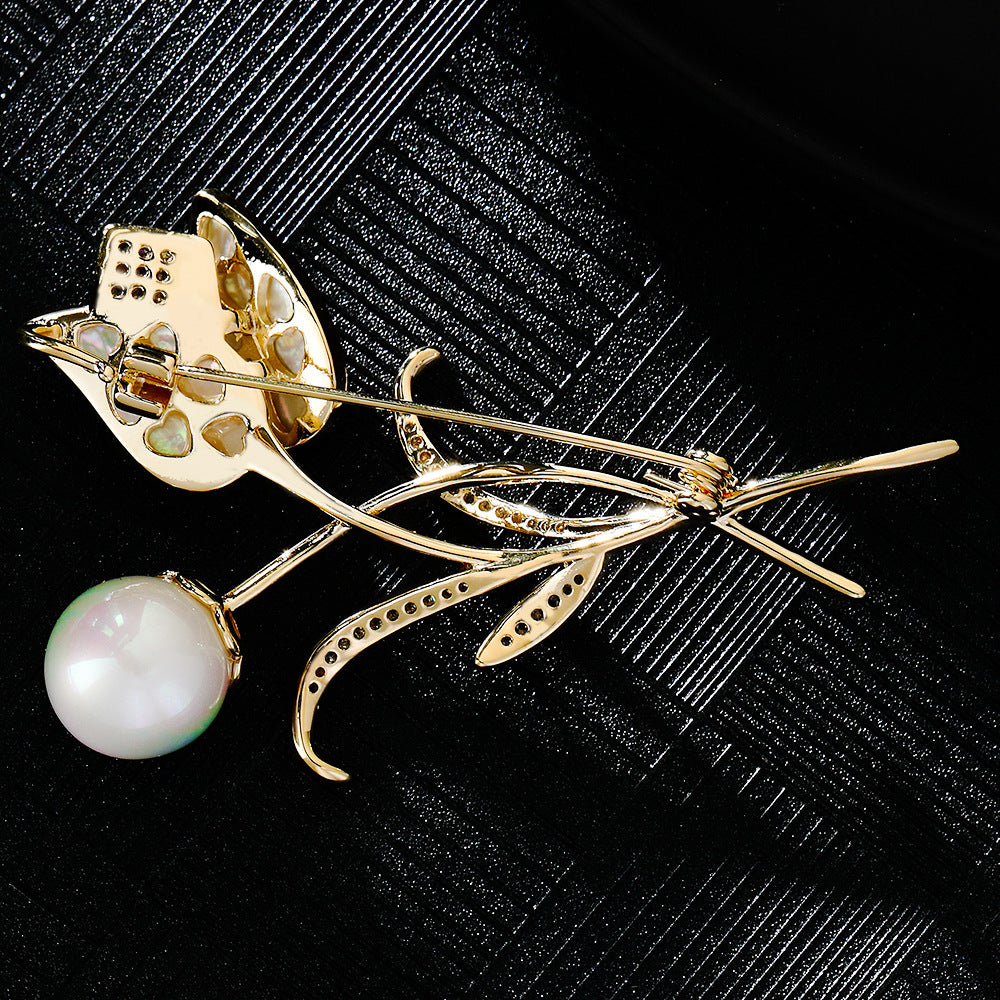 Micro-inlaid Zircon Natural Shell Tulip Brooch