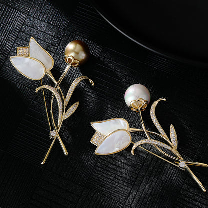 Micro-inlaid Zircon Natural Shell Tulip Brooch