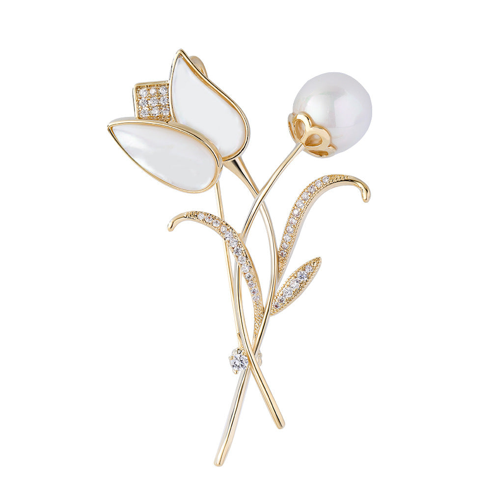 Micro-inlaid Zircon Natural Shell Tulip Brooch