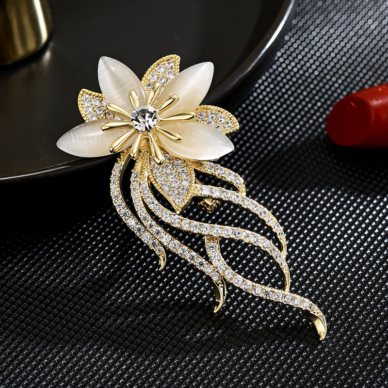 Zircon Cat's Eye Stone Orchid Brooch