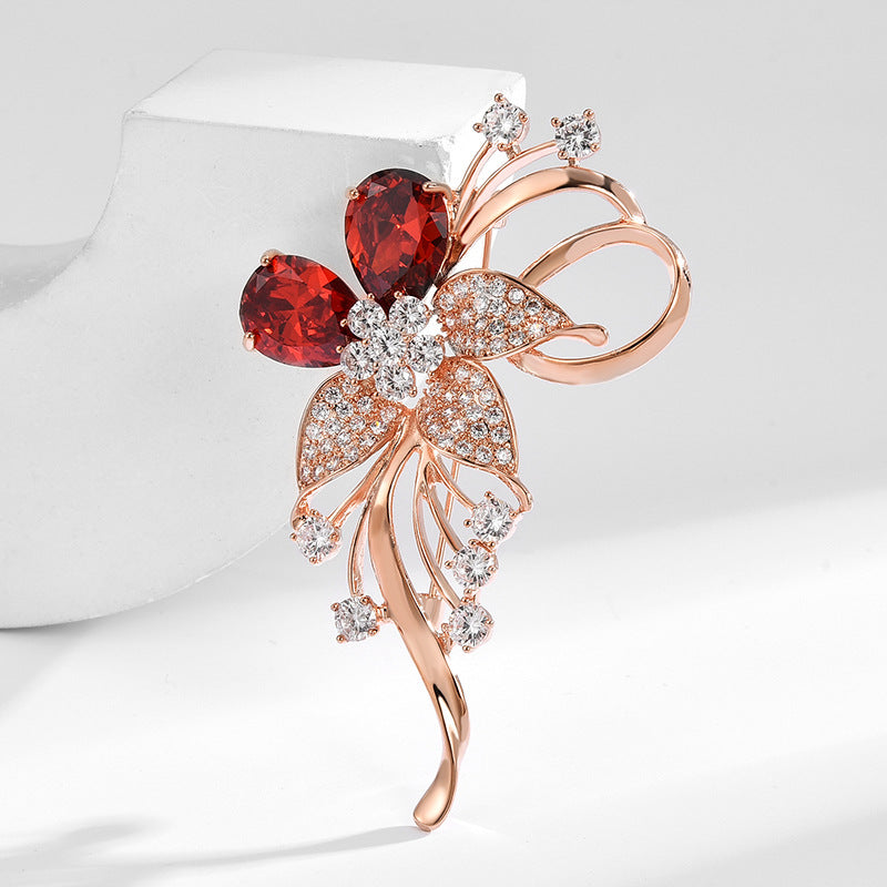 Zircon Ruby Flower Brooch