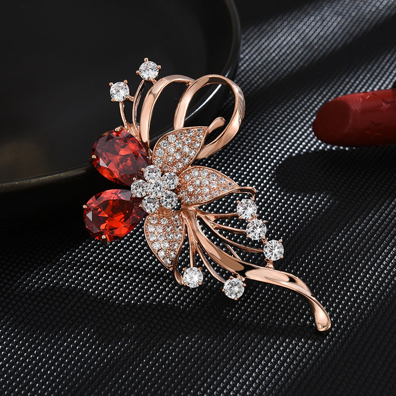 Zircon Ruby Flower Brooch