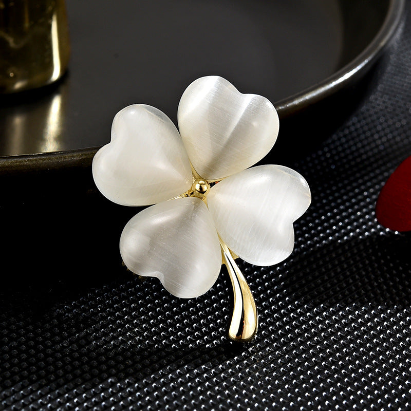 Moonstone Four-leaf Clover Brooch