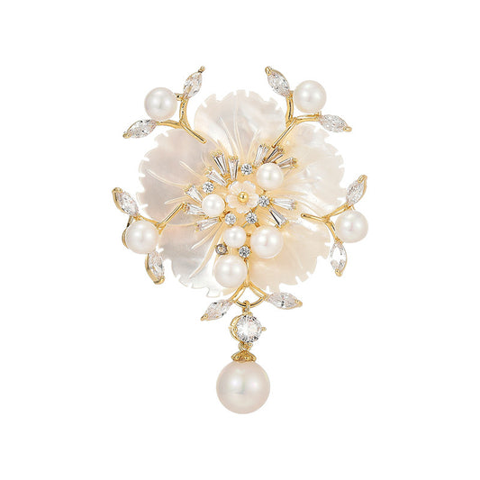 Mother-of-pearl Freshwater Pearl Gold Camellia Brooch