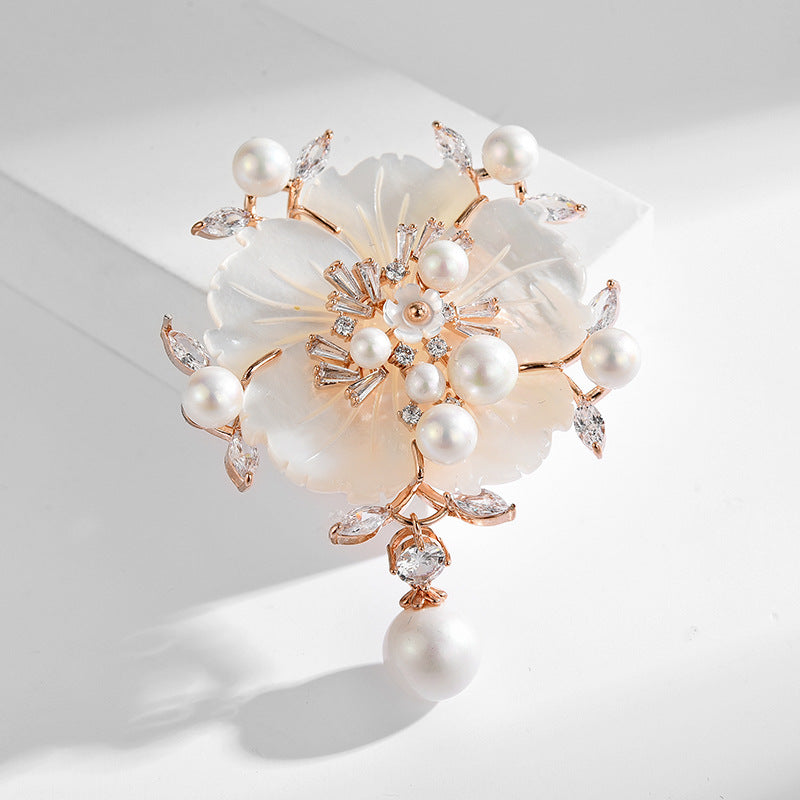 Mother-of-pearl Freshwater Pearl Rose Gold Camellia Brooch