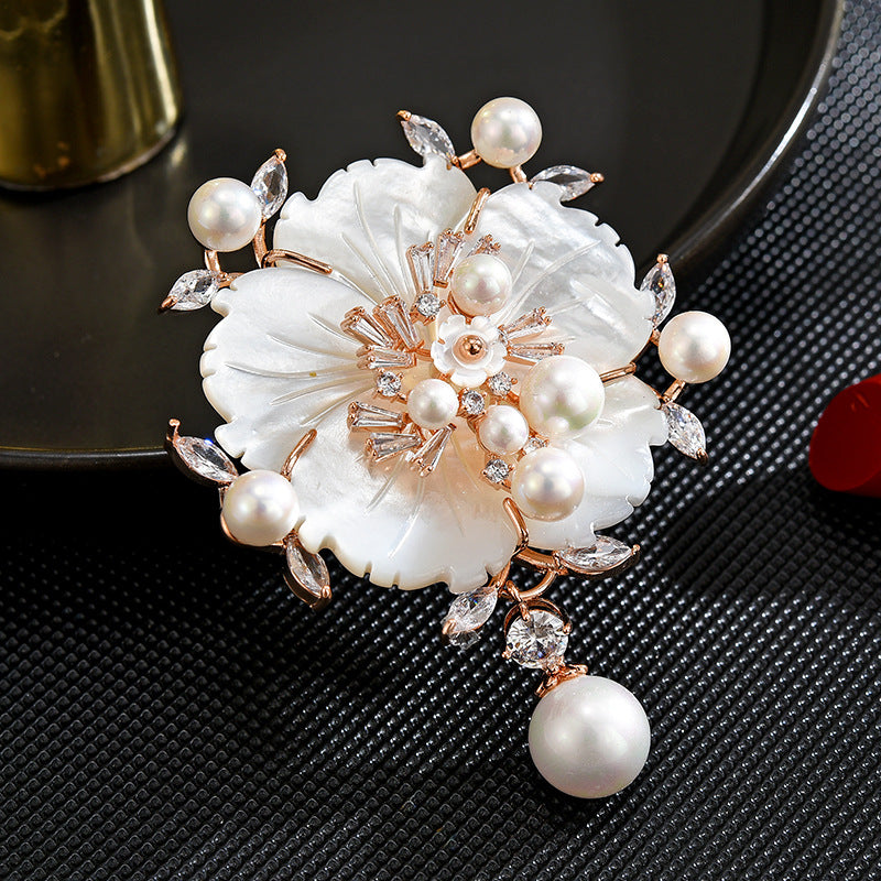 Mother-of-pearl Freshwater Pearl Rose Gold Camellia Brooch