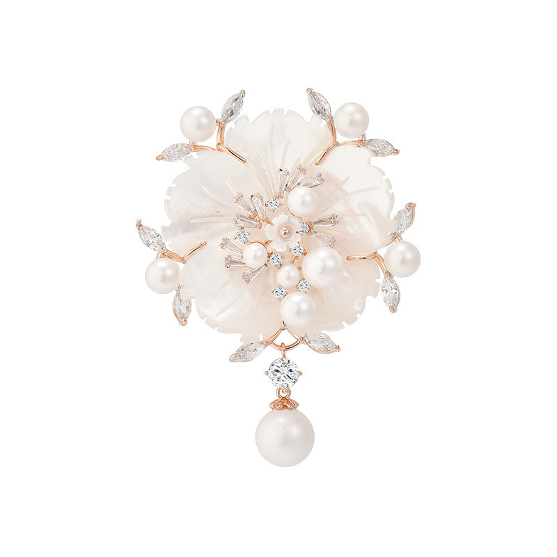 Mother-of-pearl Freshwater Pearl Rose Gold Camellia Brooch